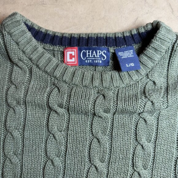 Vintage 90s Chaps Men’s Sweater Large Green Cable Knit 100% Cotton Crewneck - Picture 3 of 7